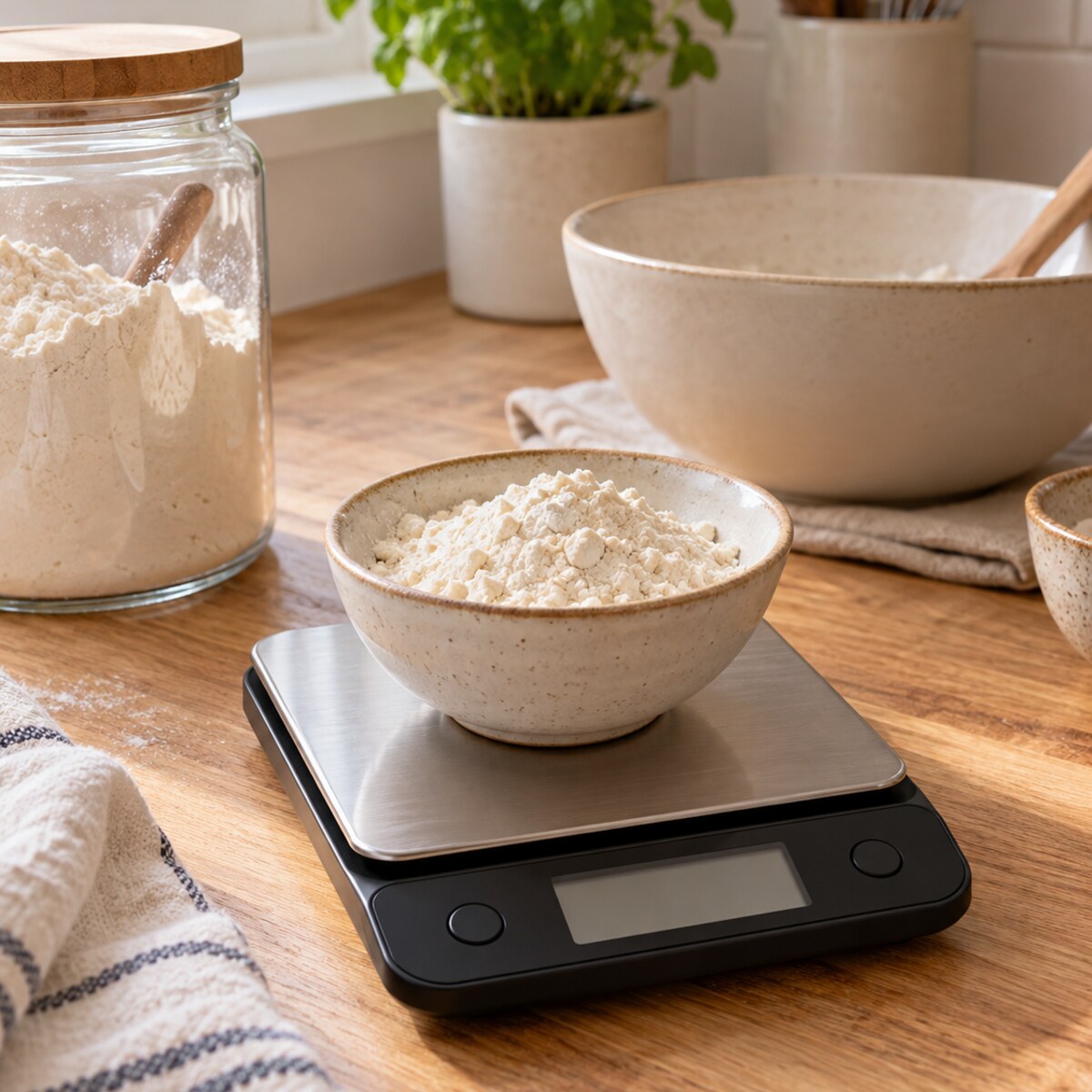 A compact black and stainless kitchen scale weighing flour in a small bowl
