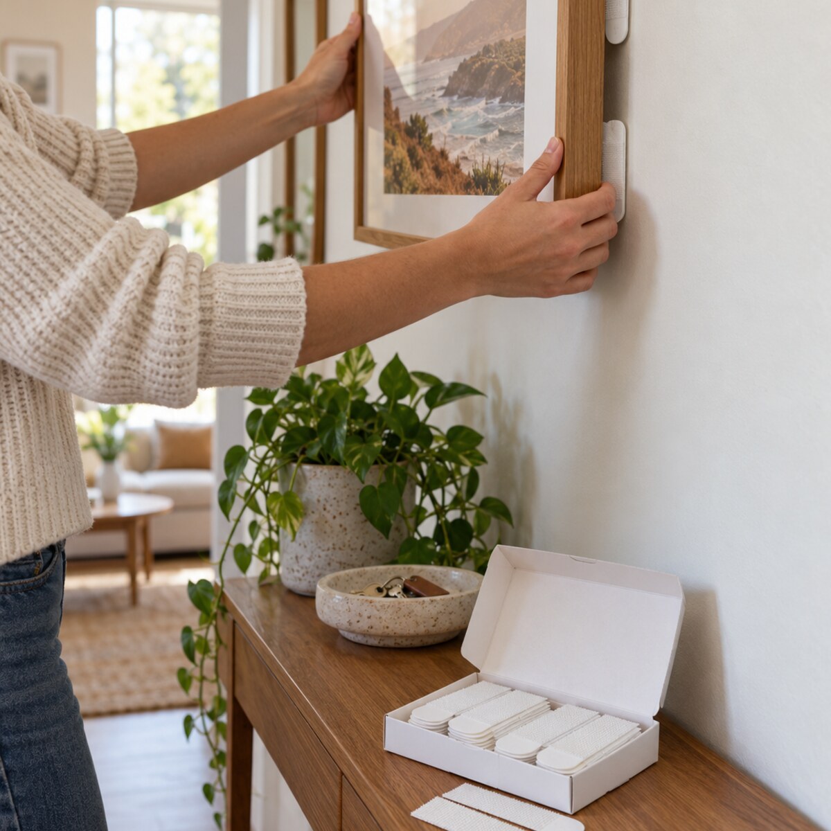 A timber picture frame being mounted on a light wall with white picture-hanging strips