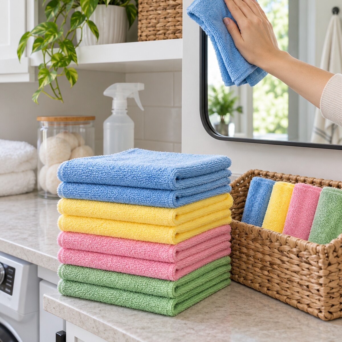 A stack of reusable coloured microfibre cloths in a bright laundry nook